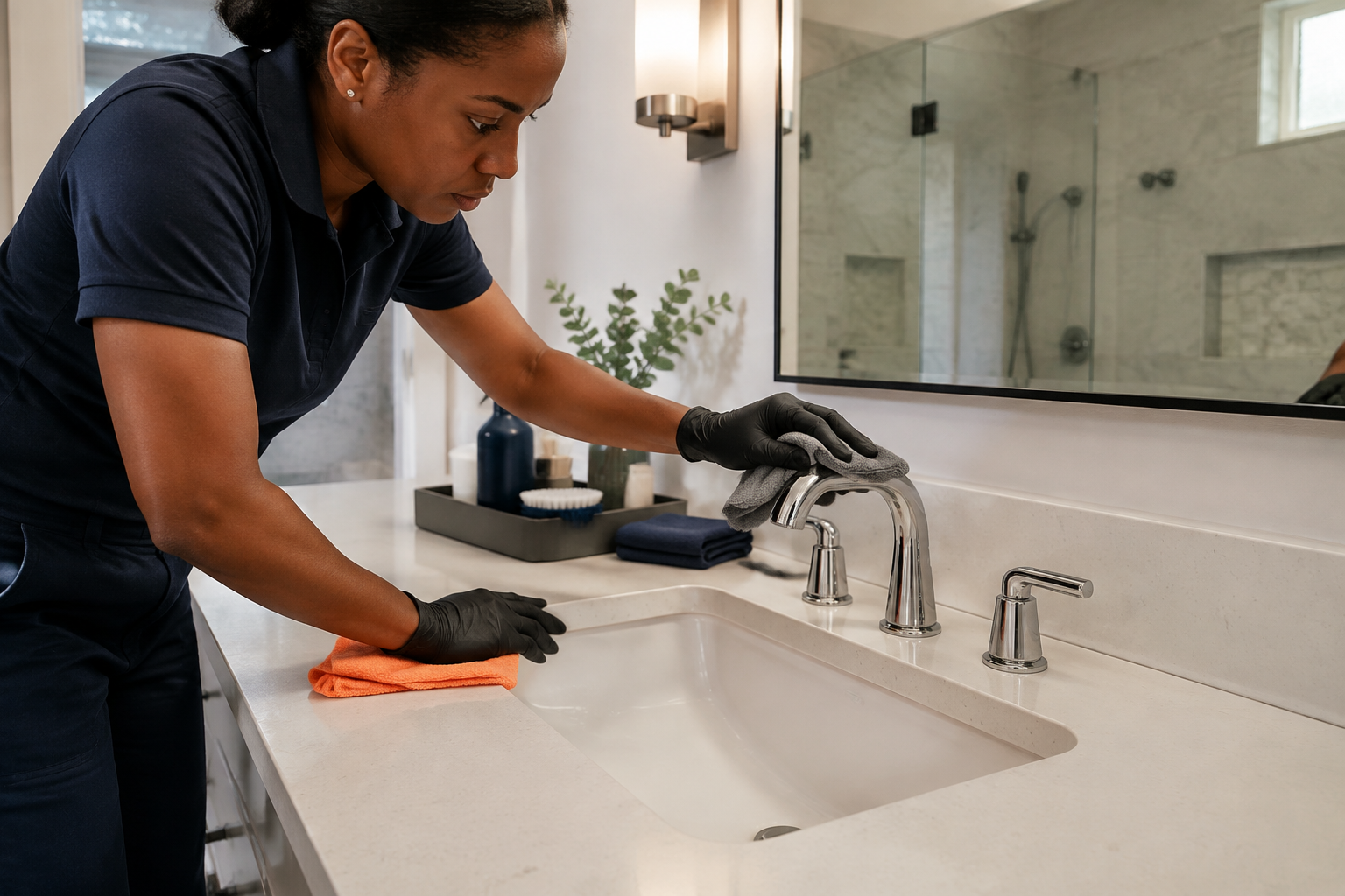 Cleaning professional wiping a bathroom fixture